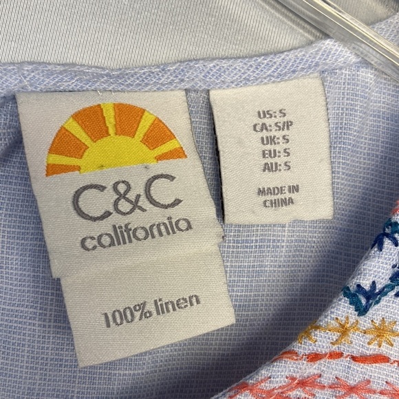 C&C California Blue Linen Floral Embroidered Sleeveless Shift Dress Size S - Picture 5 of 11